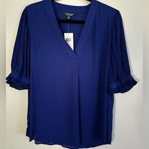 NWT Ralph Lauren Blue Pleated-Sleeve Georgette Top Size L
